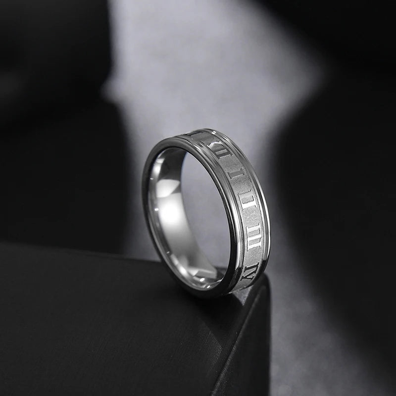 6mm Stainless Steel Roman Numeral Ring
