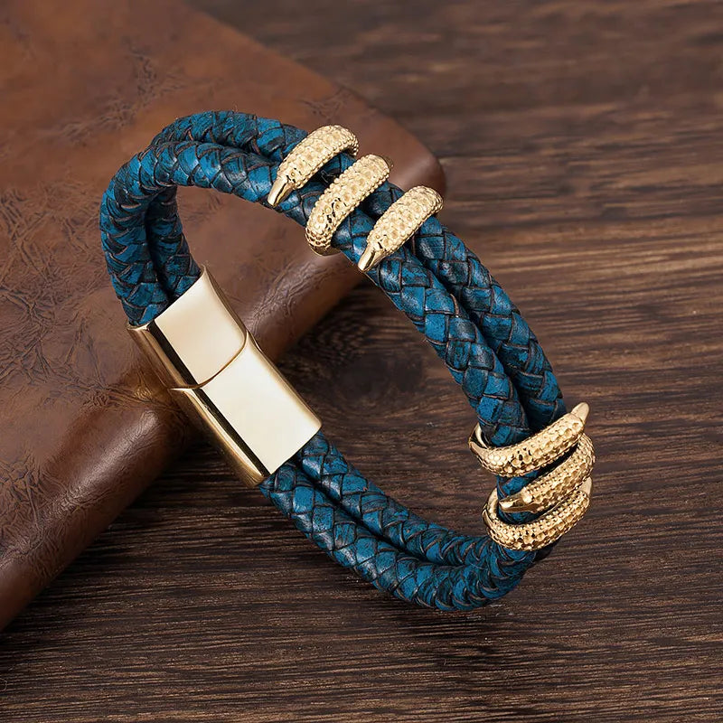Stainless Steel Genuine Leather Dragon Claw Charm Bracelet