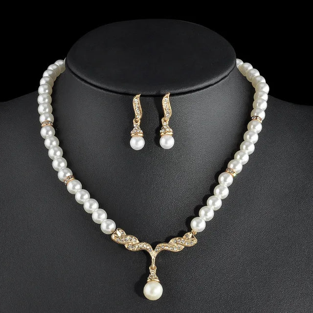 TREAZY Pearl Drop Bridal Jewelry Set - Rhinestone Necklace & Earrings