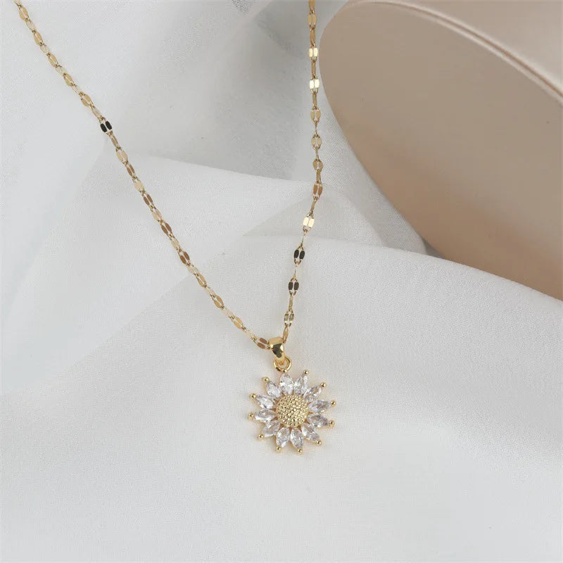 Gold Tone Floral Zirconia Pendant Necklace - Titanium Steel Chain
