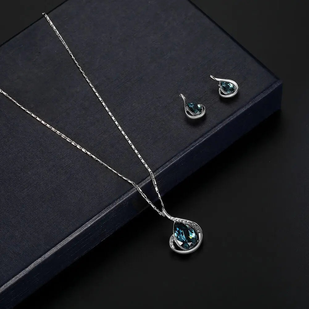 Blue Green Water Drop Jewelry Set - Geometric Necklace & Earrings
