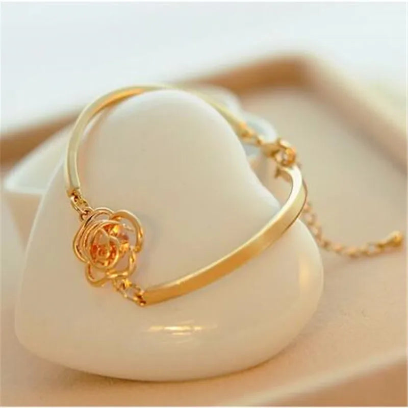 Gold-tone Rose Flower Cuff Bracelet