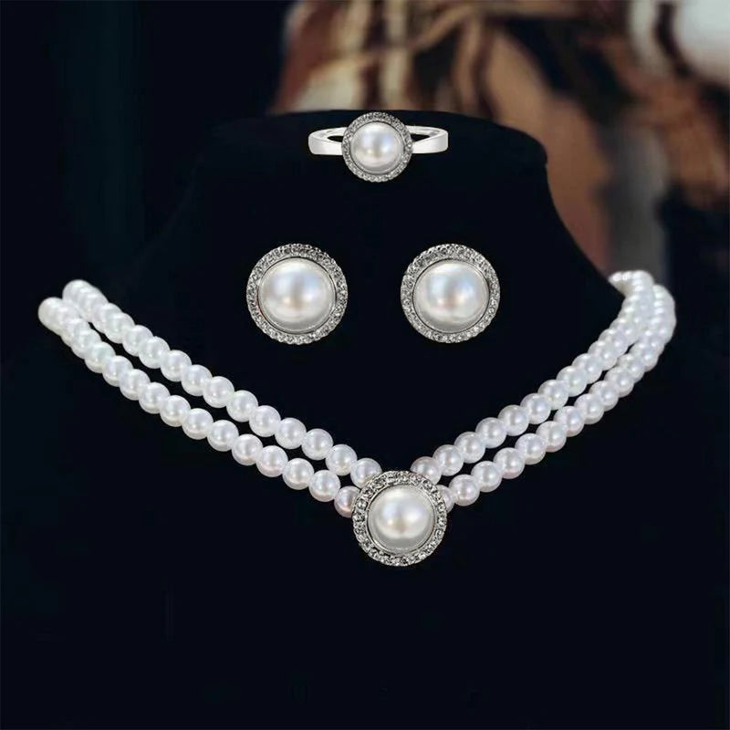 Elegant Pearl Necklace, Earrings & Ring Set - Bridal Crystal Jewelry