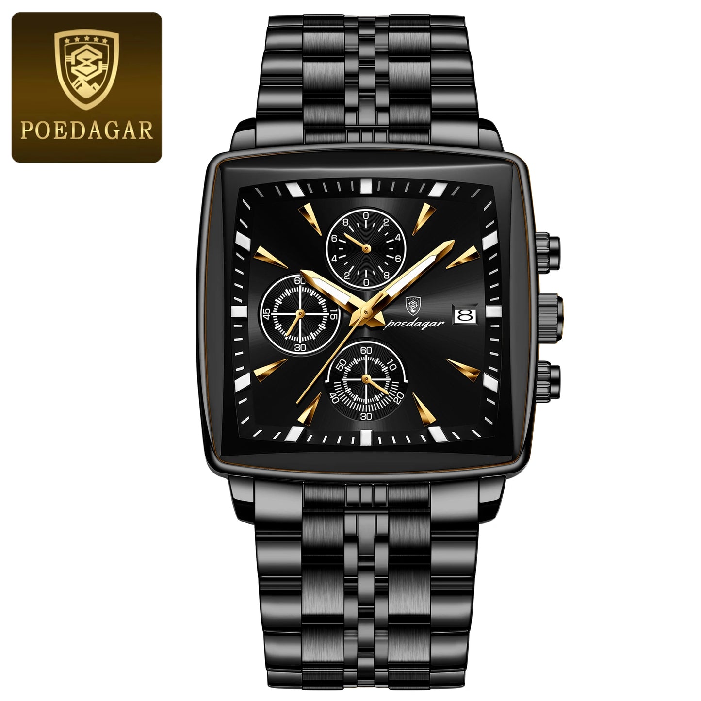 POEDAGAR Square Chronograph Men's Watch - Luminous Waterproof Quartz