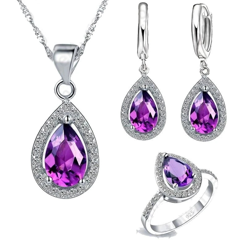 Red Crystal Wedding Jewelry Sets Water Drop Cubic Zirconia Stone 925 Sterling Silver Earrings Necklaces Finger Rings 6789