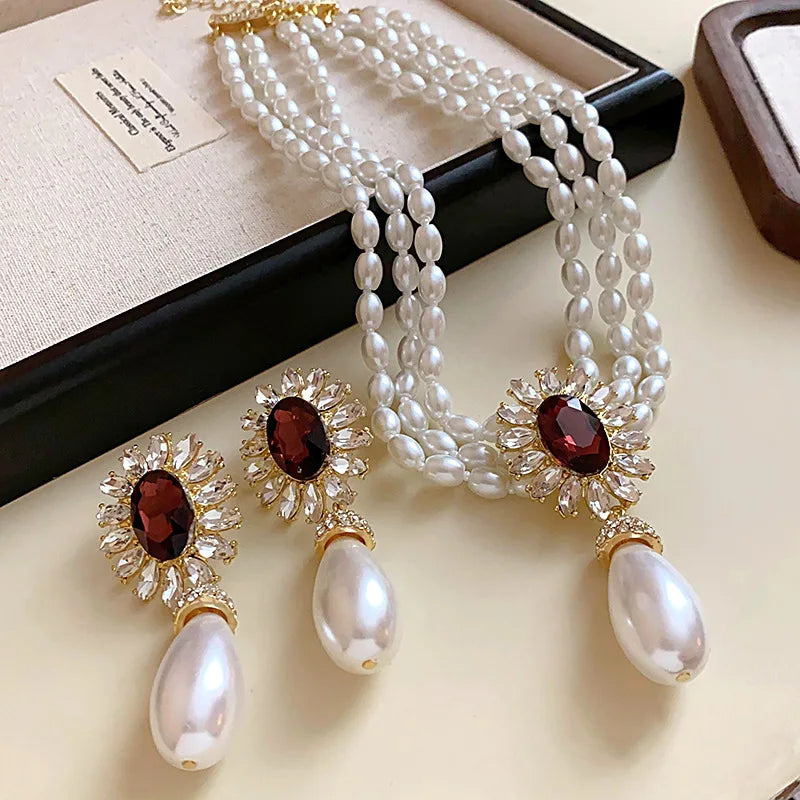 French Style Pearl Necklace & Earrings Set - Rhinestone Flower Design
