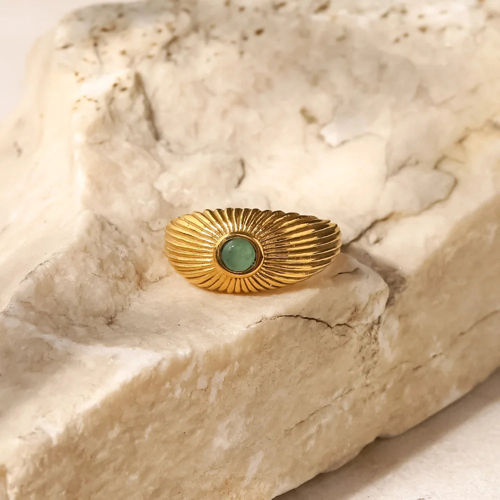 Waterproof Green Stone Open Ring in Stainless Steel