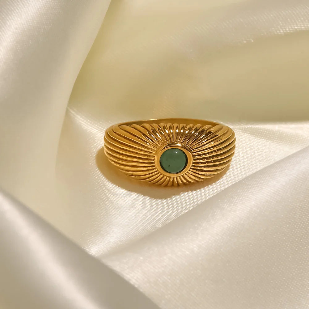 Waterproof Green Stone Open Ring in Stainless Steel