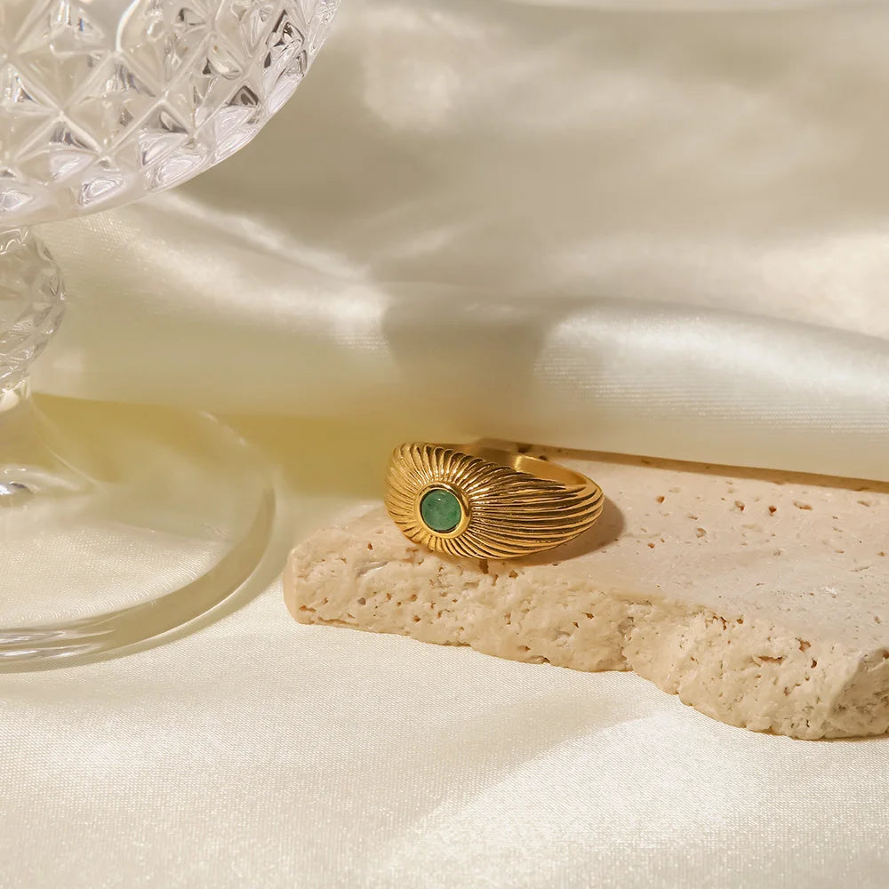 Waterproof Green Stone Open Ring in Stainless Steel