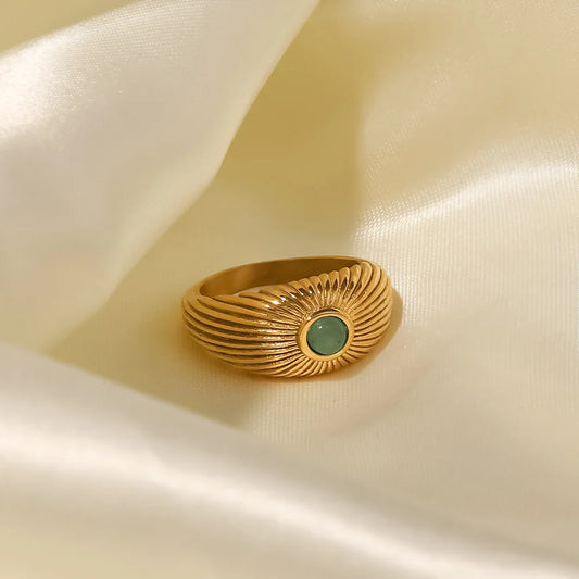 Waterproof Green Stone Open Ring in Stainless Steel