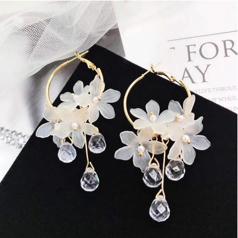 White Acrylic Flower Crystal Earrings