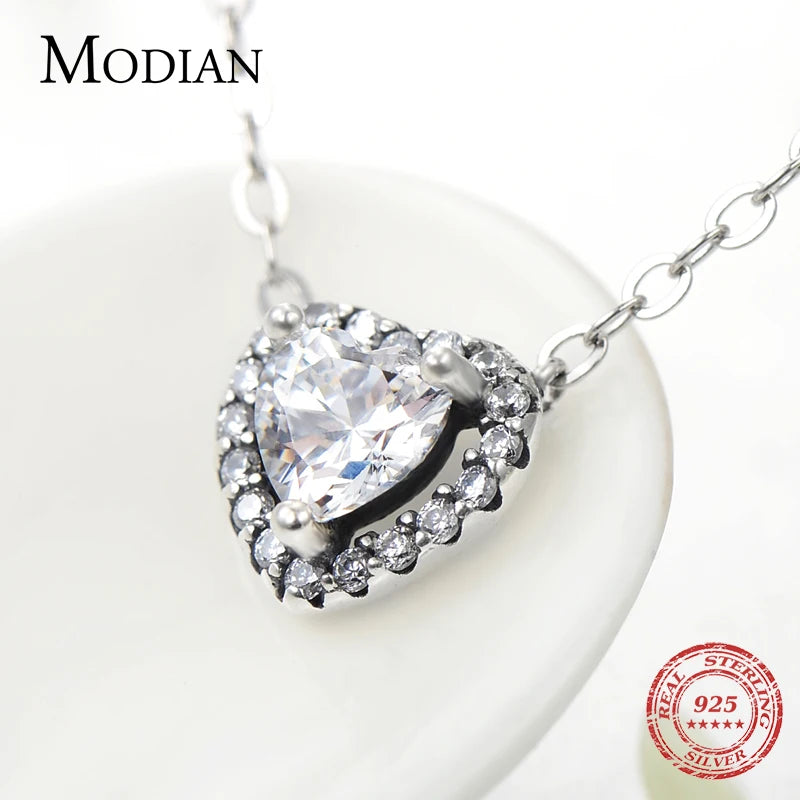 MODIAN 925 Sterling Silver CZ Heart Necklace - Classic Wedding Jewelry
