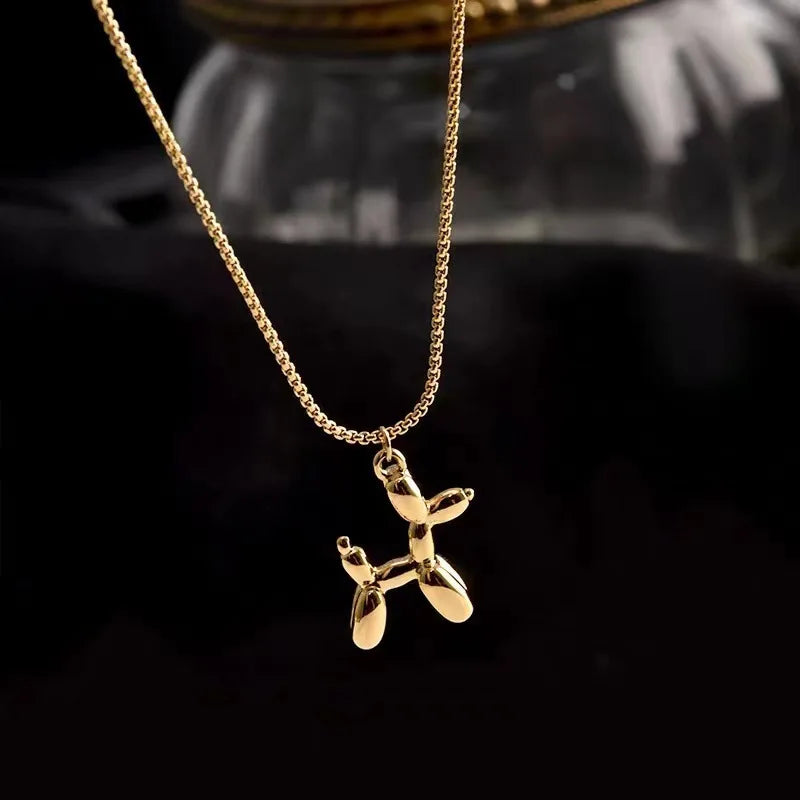 316L Stainless Steel Balloon Dog Pendant Necklace - Playful Gold Tone Charm