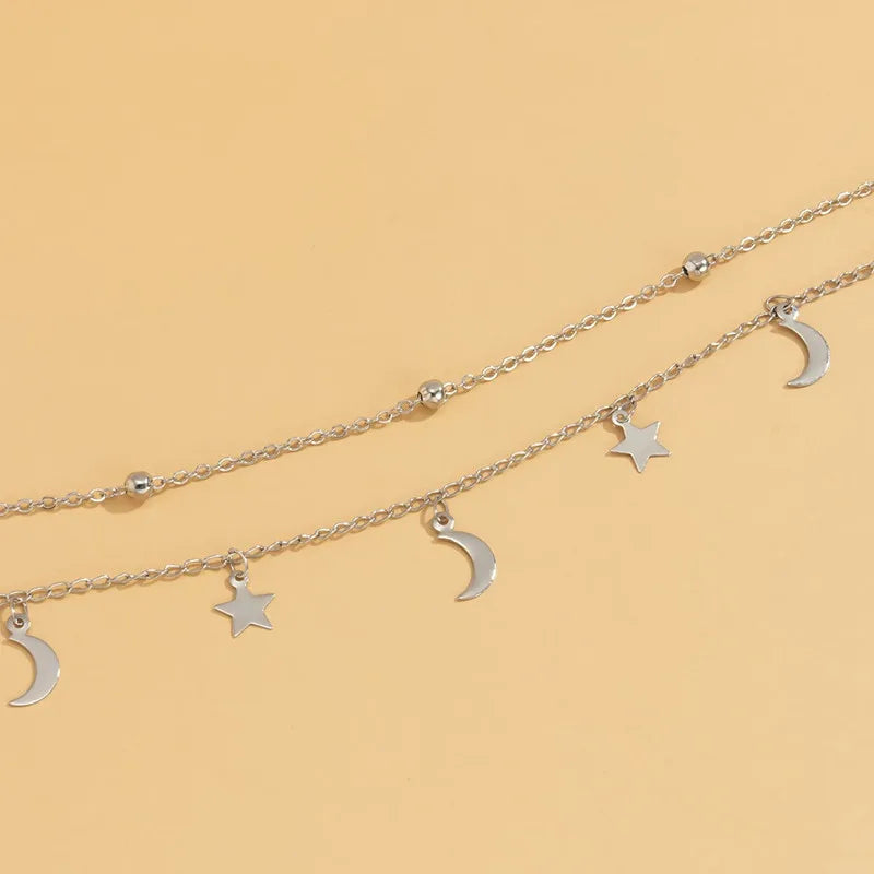 Double Layer Star & Moon Necklace - Minimalist Beaded Clavicle Chain