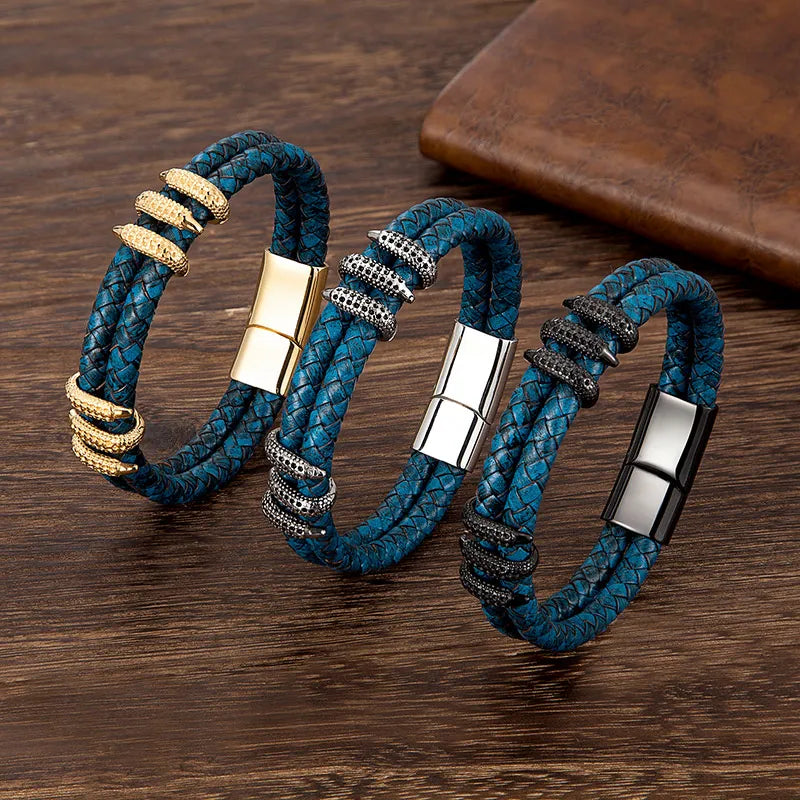 Stainless Steel Genuine Leather Dragon Claw Charm Bracelet