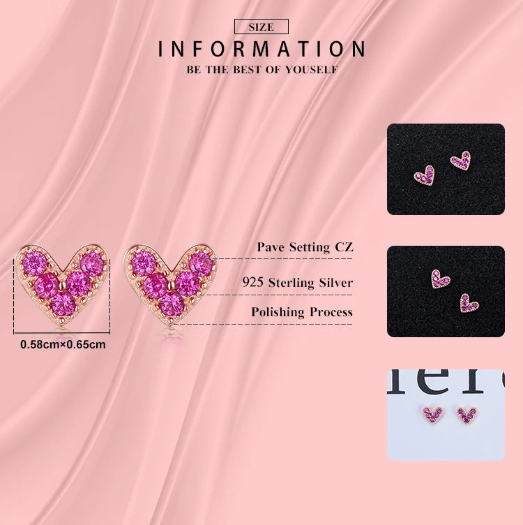 925 Sterling Silver Pink Heart Stud Earrings