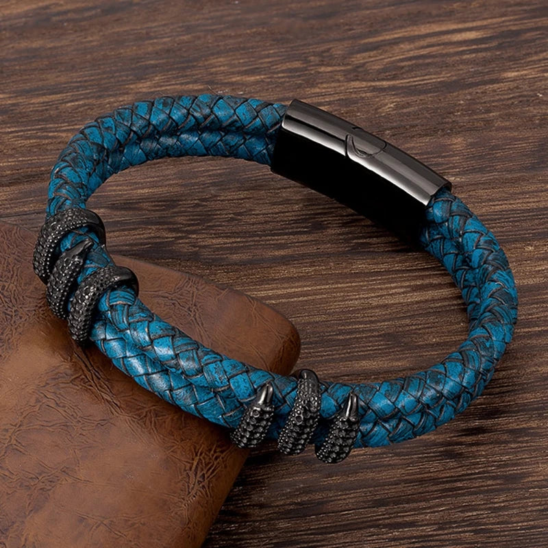 Stainless Steel Genuine Leather Dragon Claw Charm Bracelet