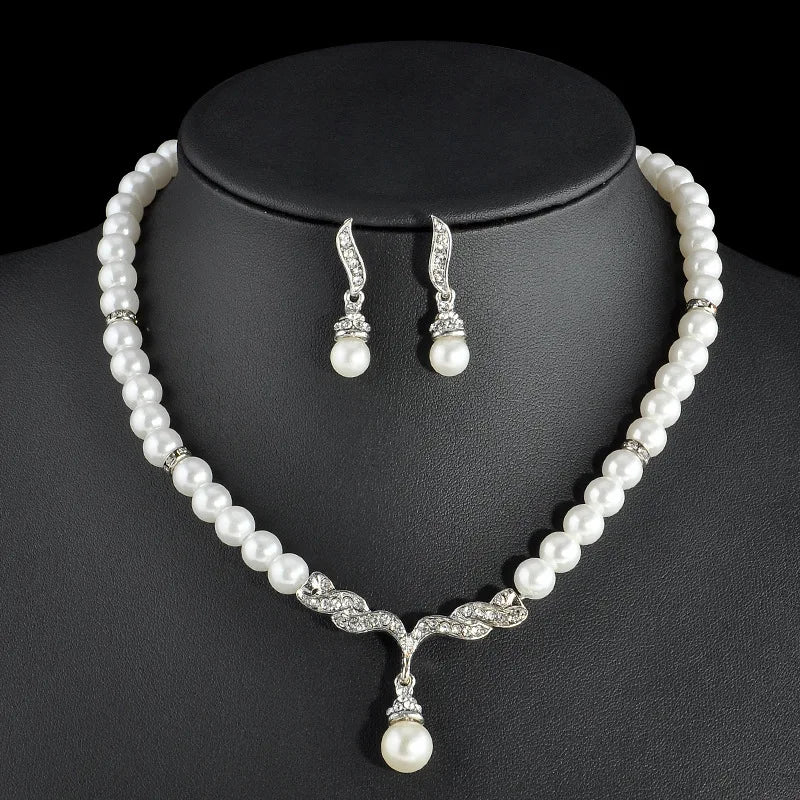 TREAZY Pearl Drop Bridal Jewelry Set - Rhinestone Necklace & Earrings
