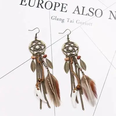 Boho Dream Catcher Feather Tassel Earrings