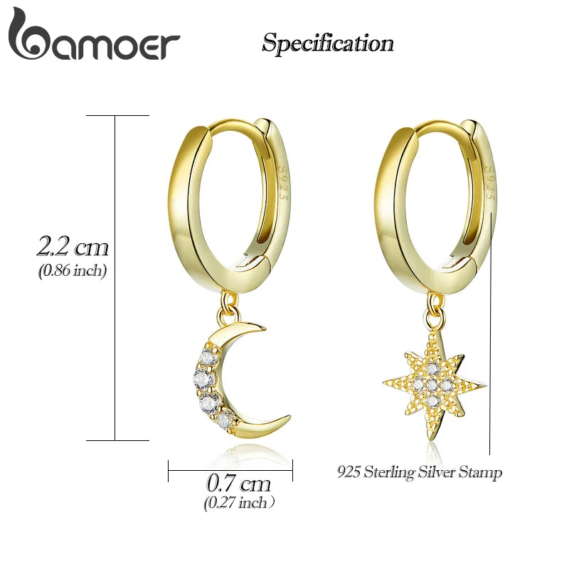 925 Sterling Silver Star Moon and Star Drop Earrings