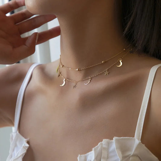 Double Layer Star & Moon Necklace - Minimalist Beaded Clavicle Chain