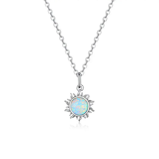 BAMOER 925 Sterling Silver White Opal Sun Necklace - Apollo Pendant