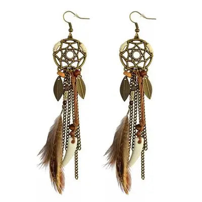 Boho Dream Catcher Feather Tassel Earrings