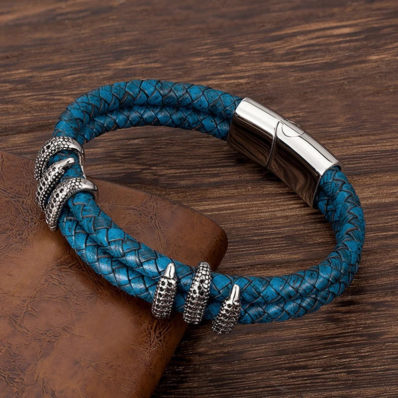 Stainless Steel Genuine Leather Dragon Claw Charm Bracelet