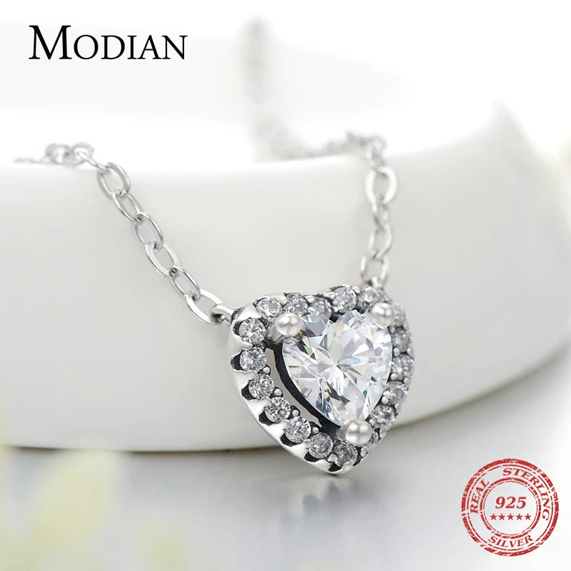 MODIAN 925 Sterling Silver CZ Heart Necklace - Classic Wedding Jewelry