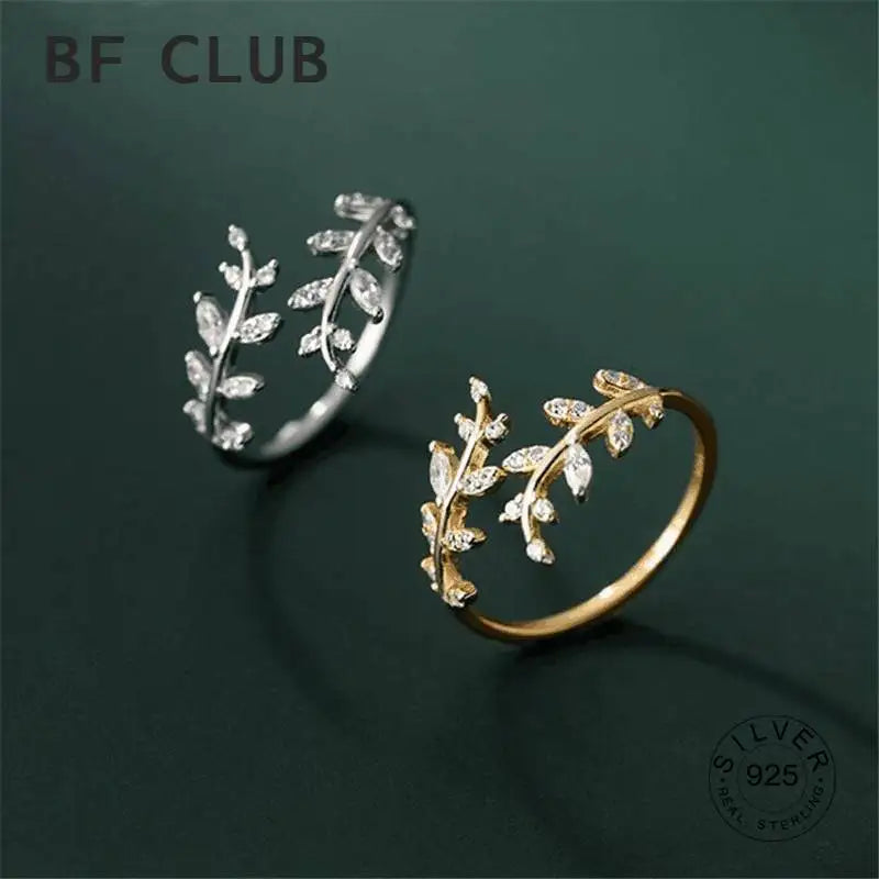 925 Sterling Silver Zircon Leaf Adjustable Ring