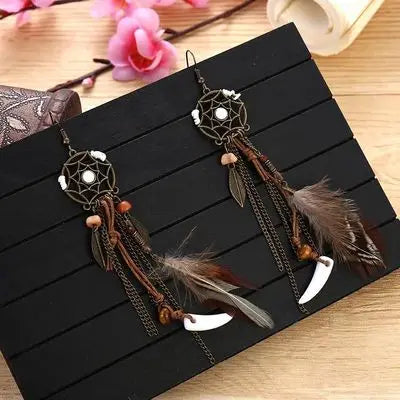 Boho Dream Catcher Feather Tassel Earrings