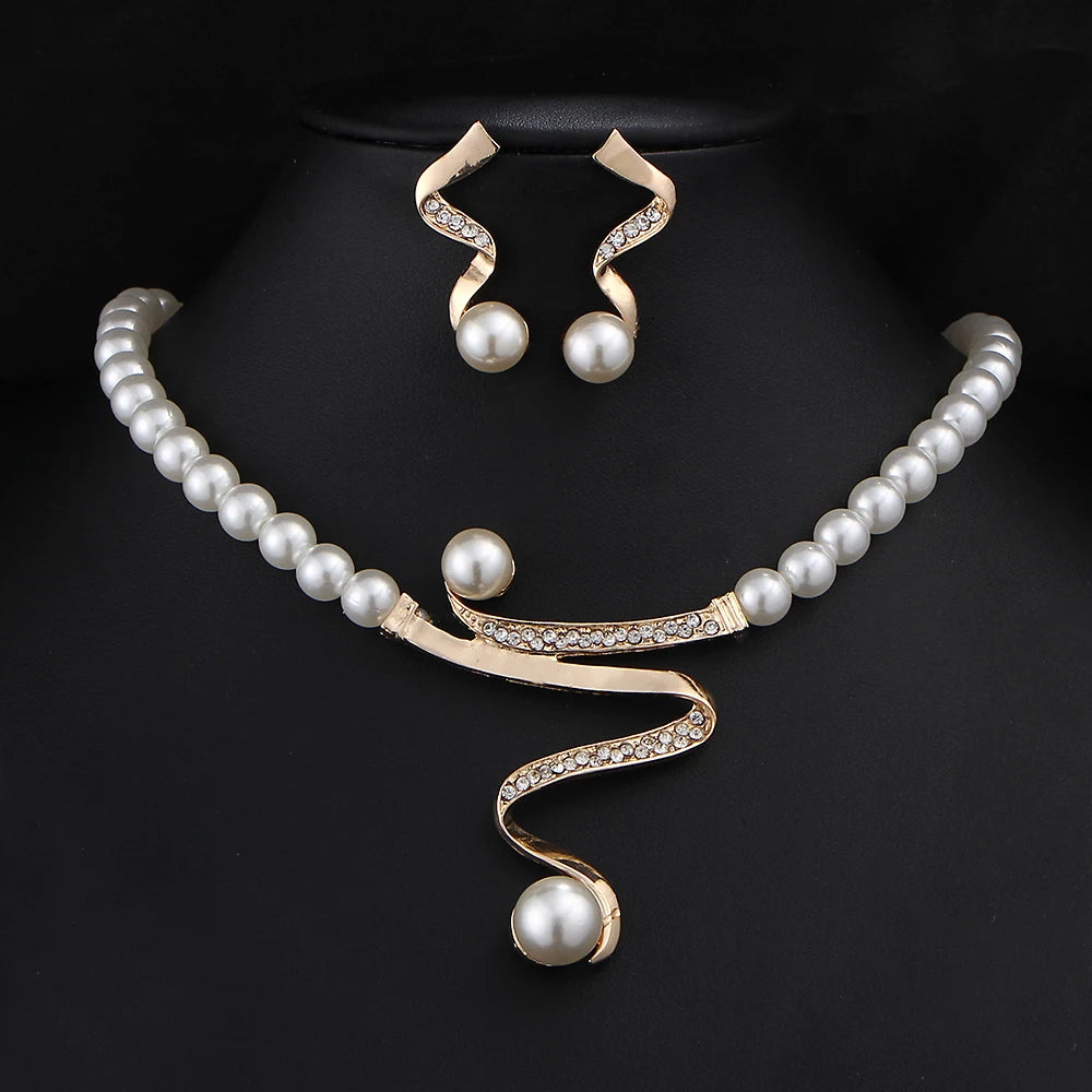 TREAZY Pearl Drop Bridal Jewelry Set - Rhinestone Necklace & Earrings