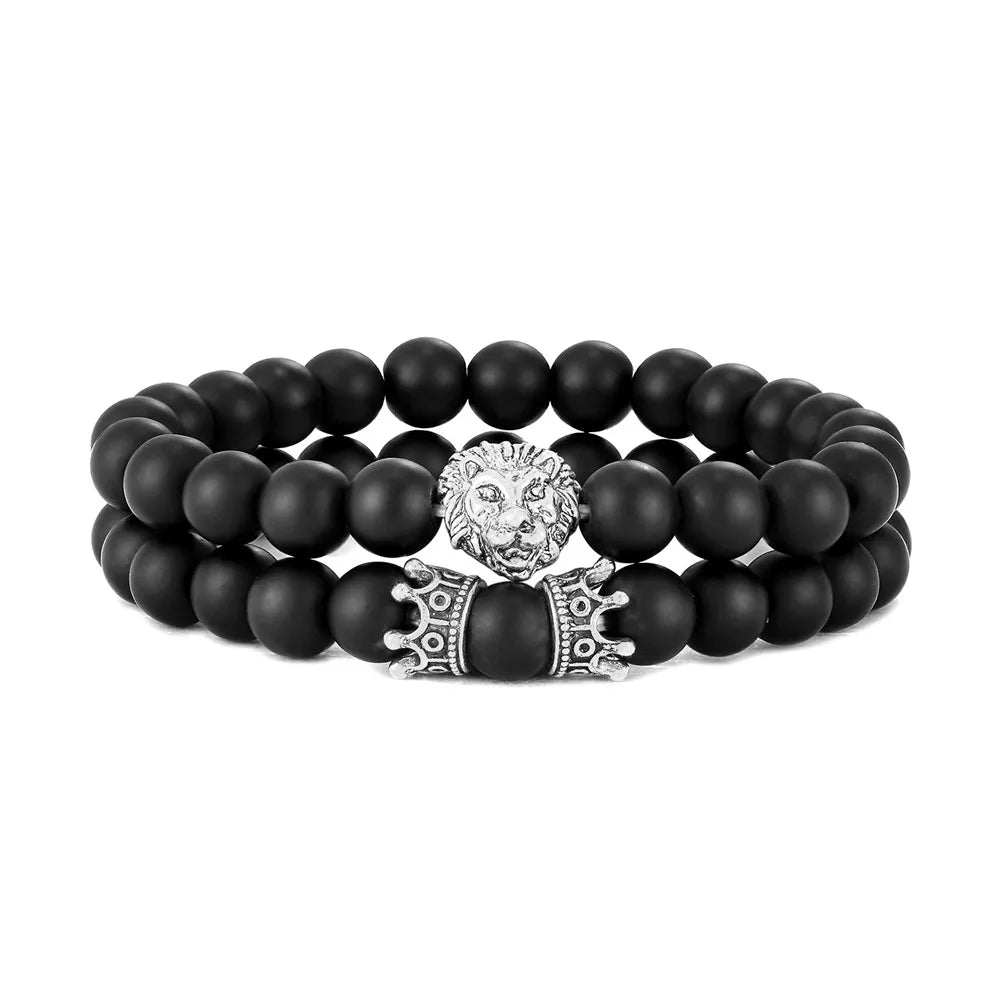 Lava Stone Lion Head Crown Charm Bracelet