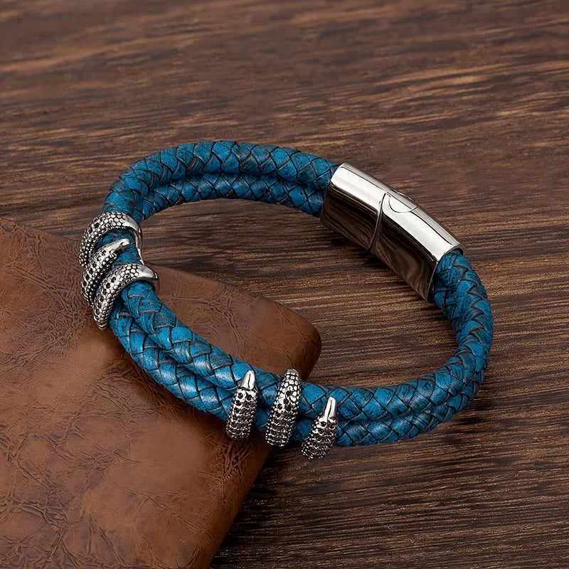 Stainless Steel Genuine Leather Dragon Claw Charm Bracelet