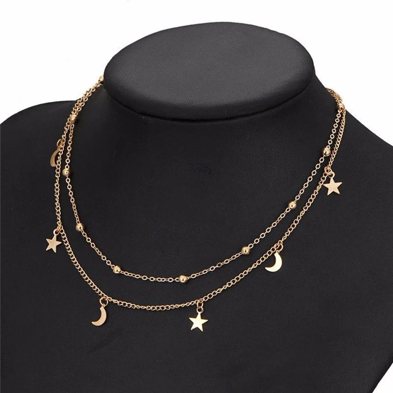 Double Layer Star & Moon Necklace - Minimalist Beaded Clavicle Chain