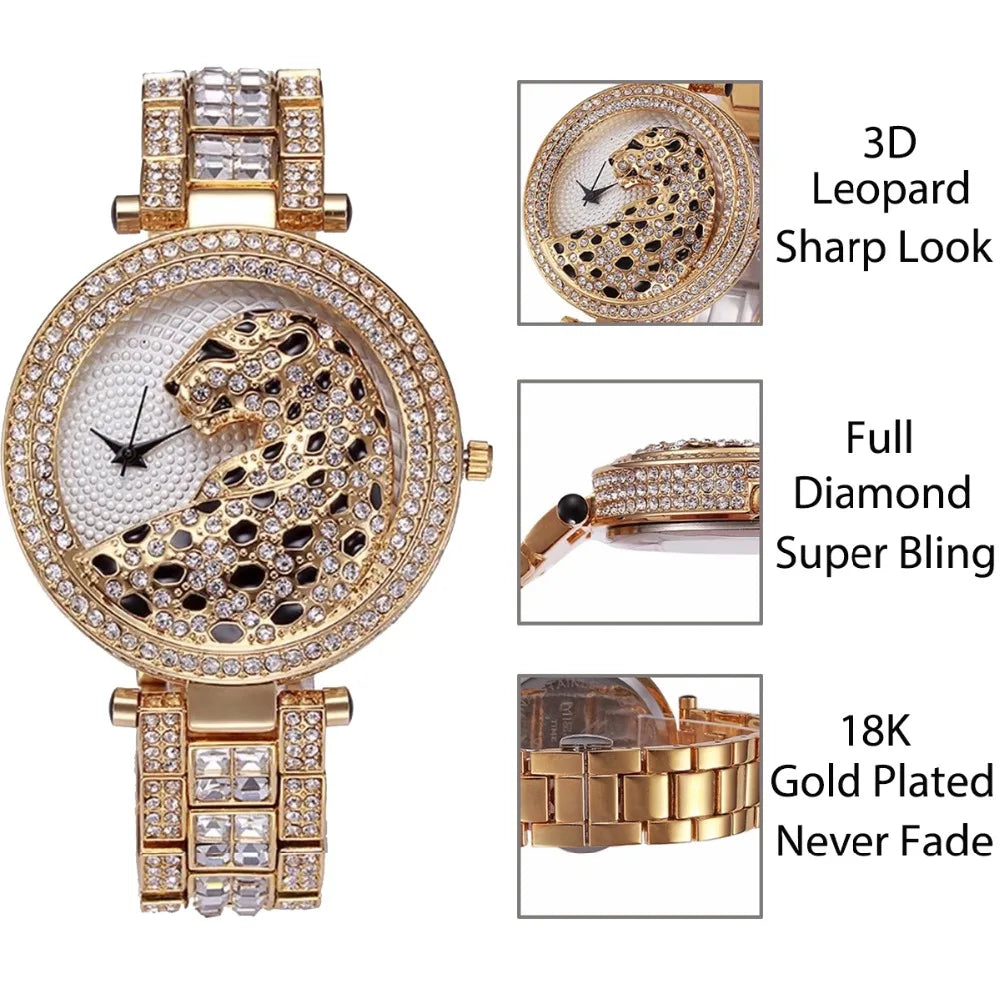 MISSFOX Crystal Leopard Women's Watch - Gold Tone Quartz Style
