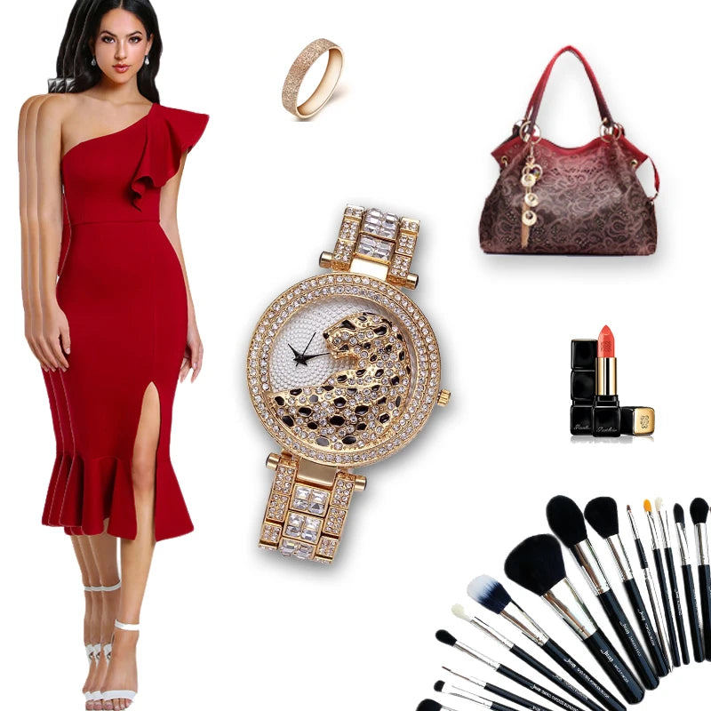 MISSFOX Crystal Leopard Women's Watch - Gold Tone Quartz Style