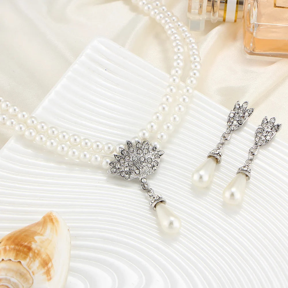 TREAZY Pearl Drop Bridal Jewelry Set - Rhinestone Necklace & Earrings