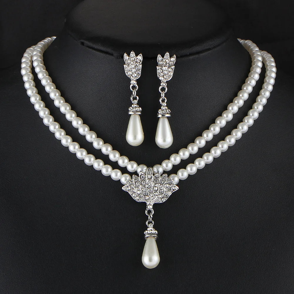 TREAZY Pearl Drop Bridal Jewelry Set - Rhinestone Necklace & Earrings
