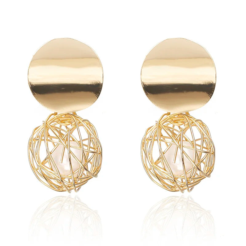 Gold Tone Geometric Ball Drop Earrings
