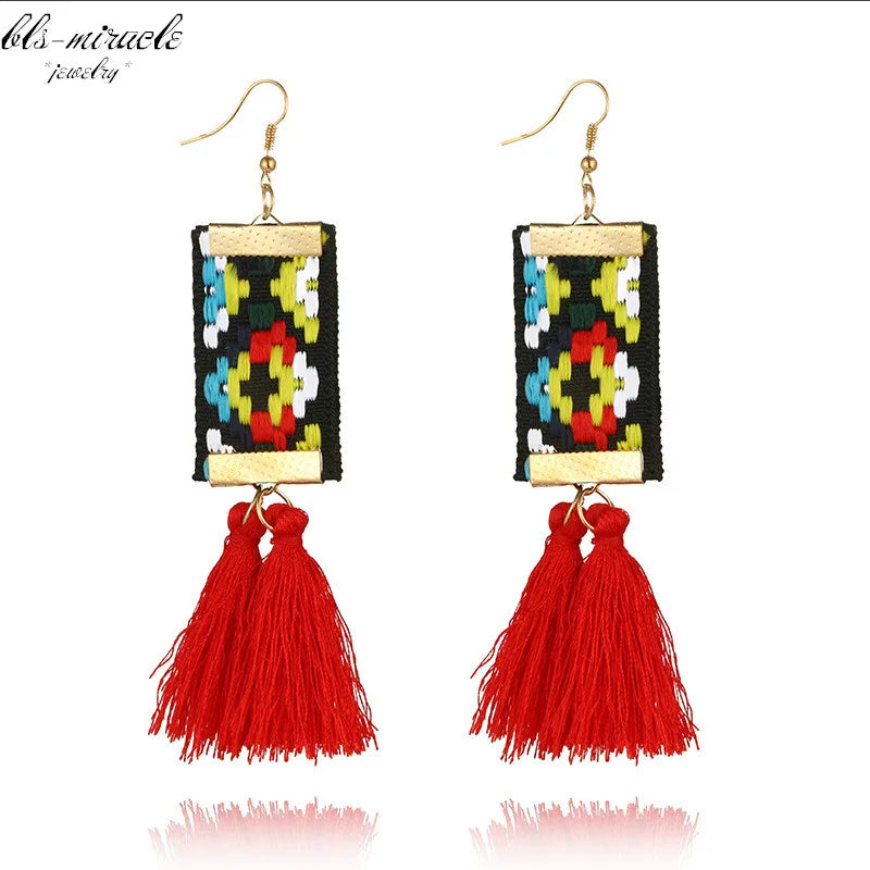 Bohemian Geometric Ribbon Tassel Earrings
