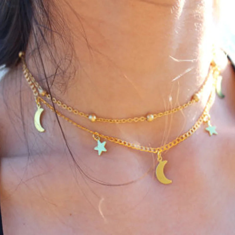 Double Layer Star & Moon Necklace - Minimalist Beaded Clavicle Chain