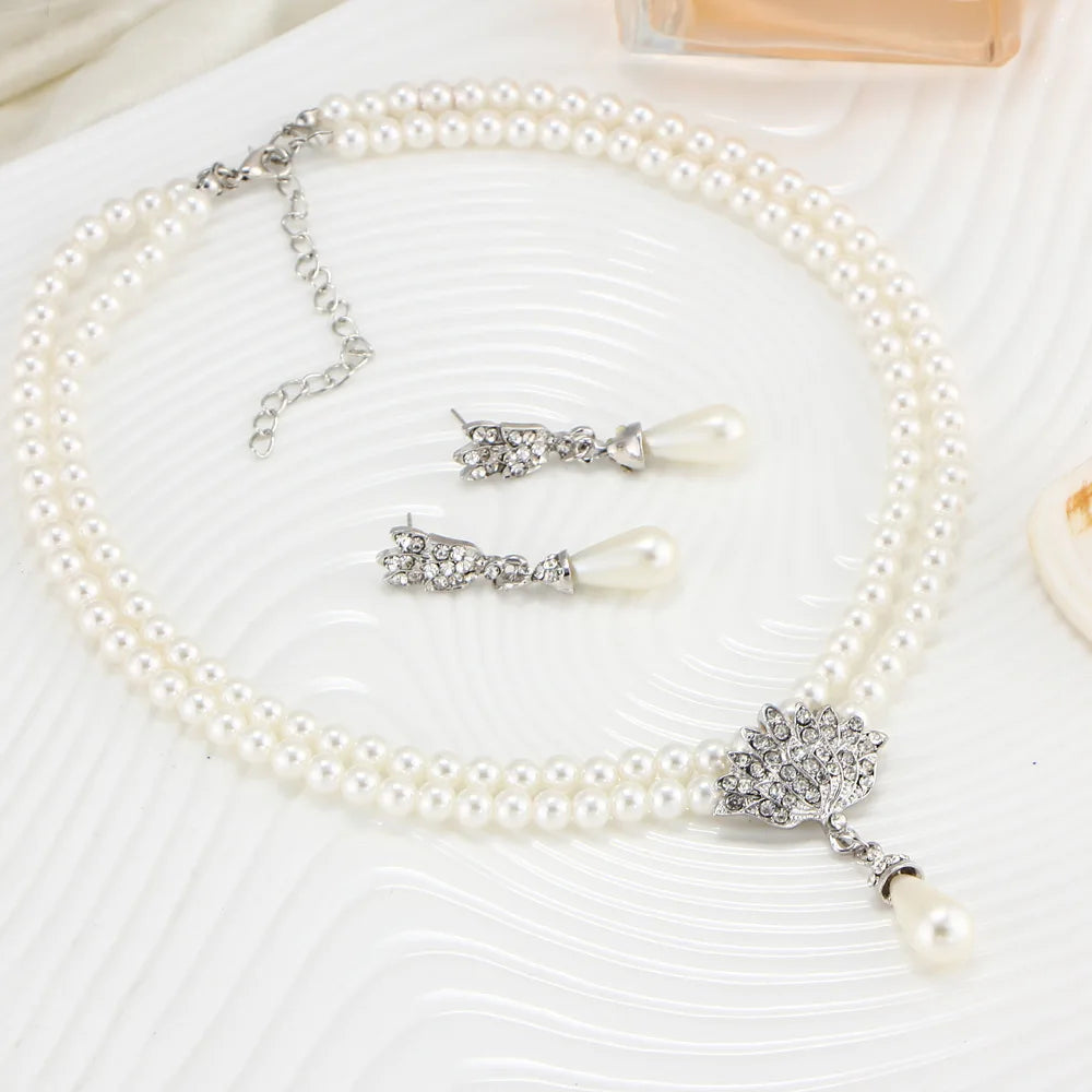 TREAZY Pearl Drop Bridal Jewelry Set - Rhinestone Necklace & Earrings