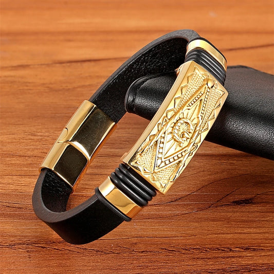 Stainless Steel Genuine Leather Geometric Charm Bracelet