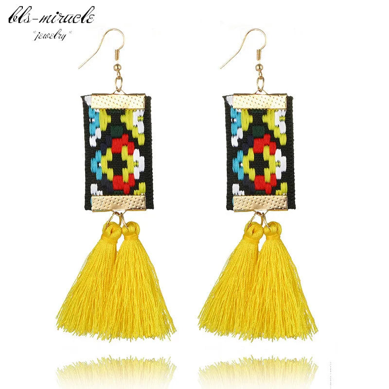 Bohemian Geometric Ribbon Tassel Earrings