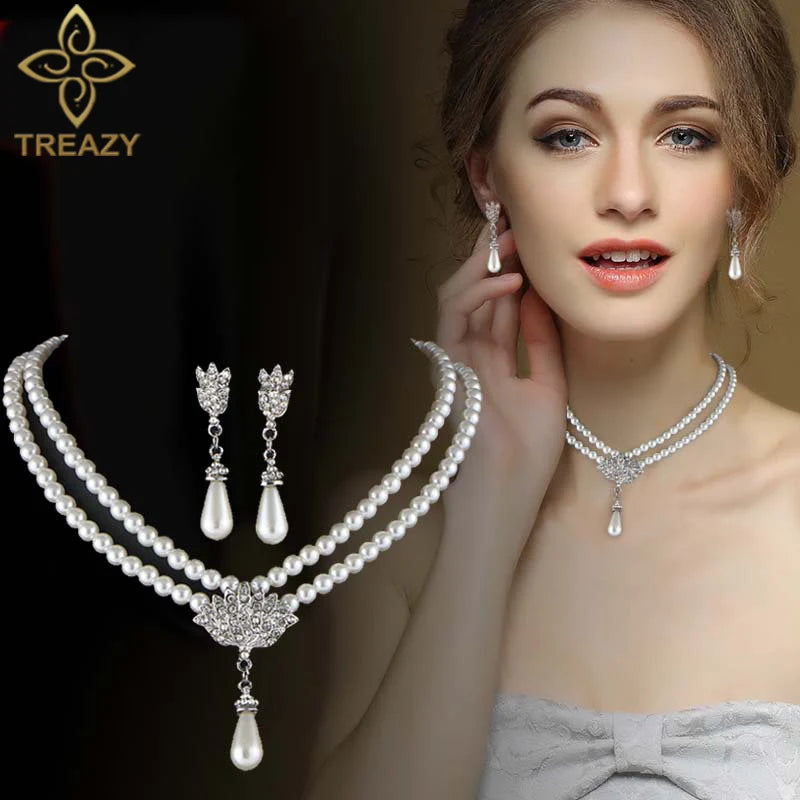 TREAZY Pearl Drop Bridal Jewelry Set - Rhinestone Necklace & Earrings