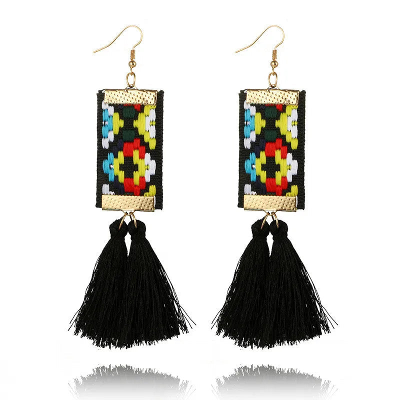 Bohemian Geometric Ribbon Tassel Earrings