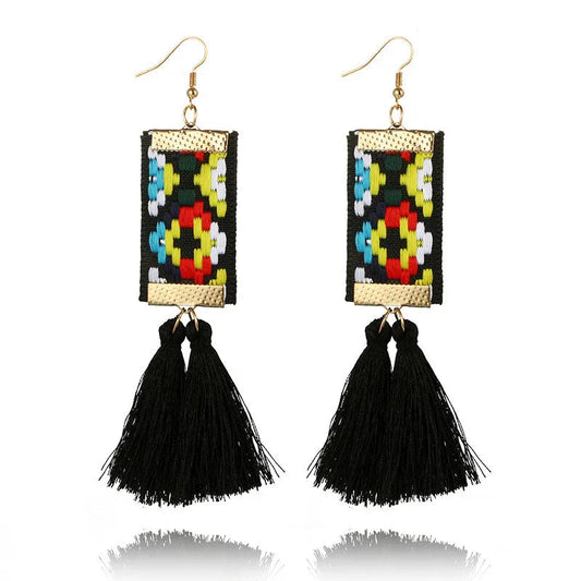 Bohemian Geometric Ribbon Tassel Earrings