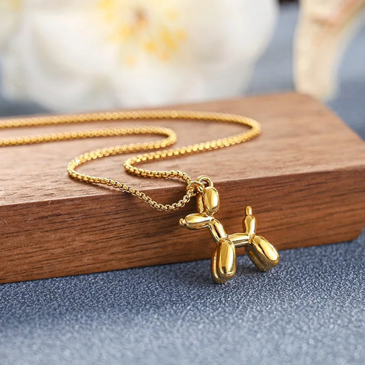 316L Stainless Steel Balloon Dog Pendant Necklace - Playful Gold Tone Charm