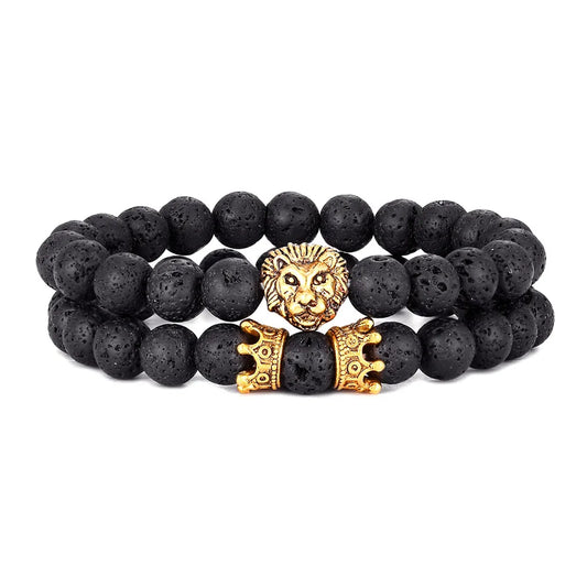 Lava Stone Lion Head Crown Charm Bracelet